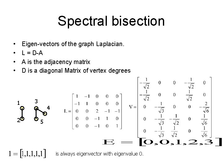 Spectral bisection • • Eigen-vectors of the graph Laplacian. L = D-A A is