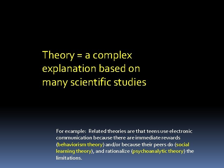 Theory = a complex explanation based on many scientific studies For example: Related theories