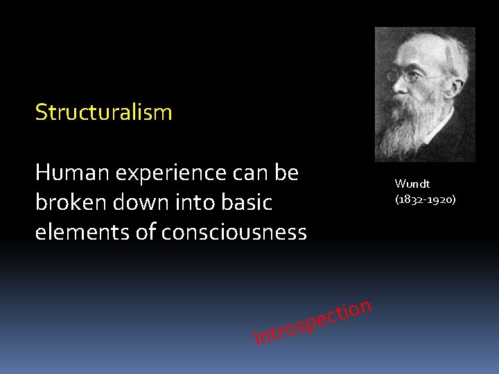 Structuralism Human experience can be broken down into basic elements of consciousness n o