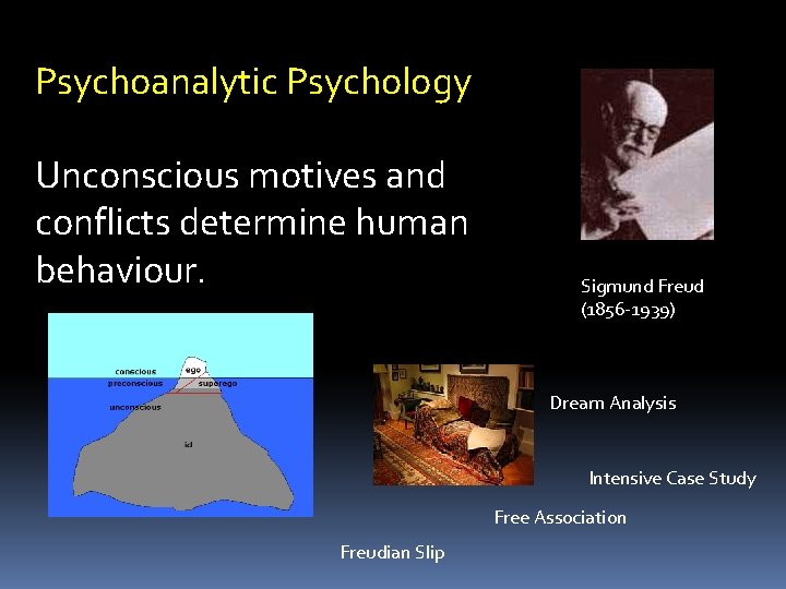 Psychoanalytic Psychology Unconscious motives and conflicts determine human behaviour. Sigmund Freud (1856 -1939) Dream