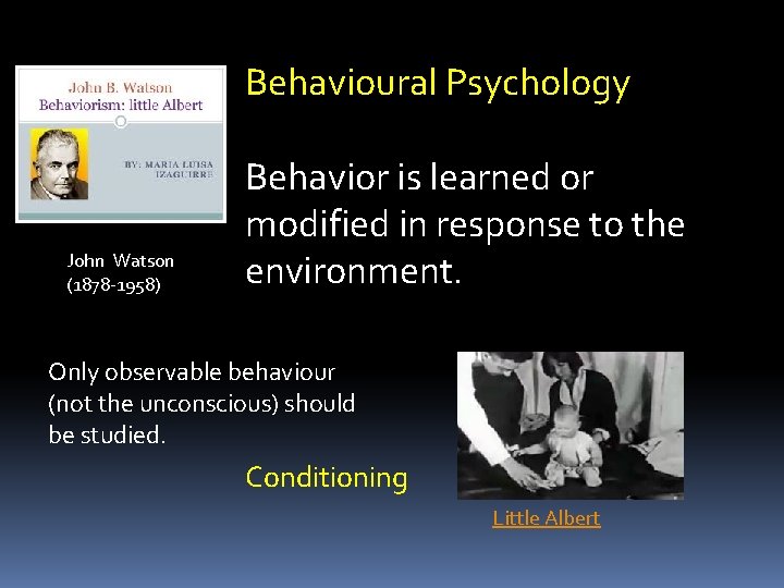 Behavioural Psychology John Watson (1878 -1958) Behavior is learned or modified in response to