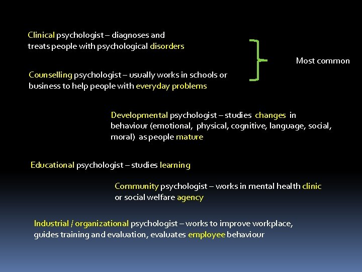 Clinical psychologist – diagnoses and treats people with psychological disorders Most common Counselling psychologist