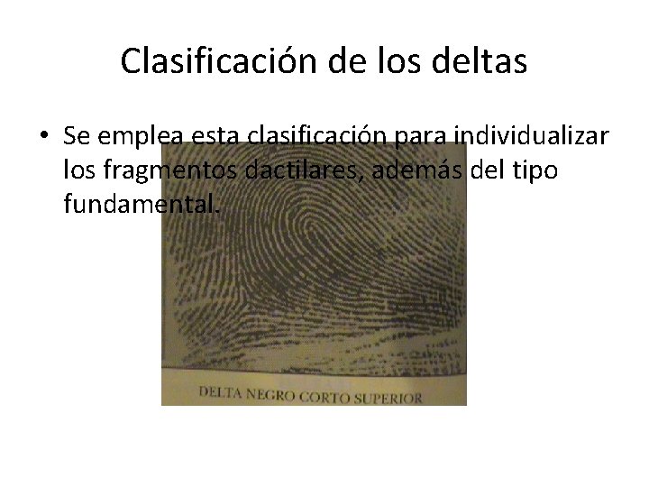 Clasificación de los deltas • Se emplea esta clasificación para individualizar los fragmentos dactilares,
