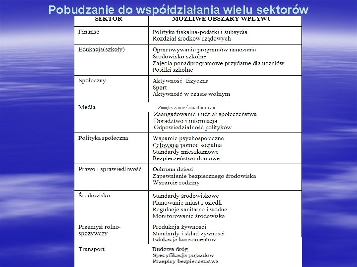 Pobudzanie do współdziałania wielu sektorów Zwiększanie świadomości 