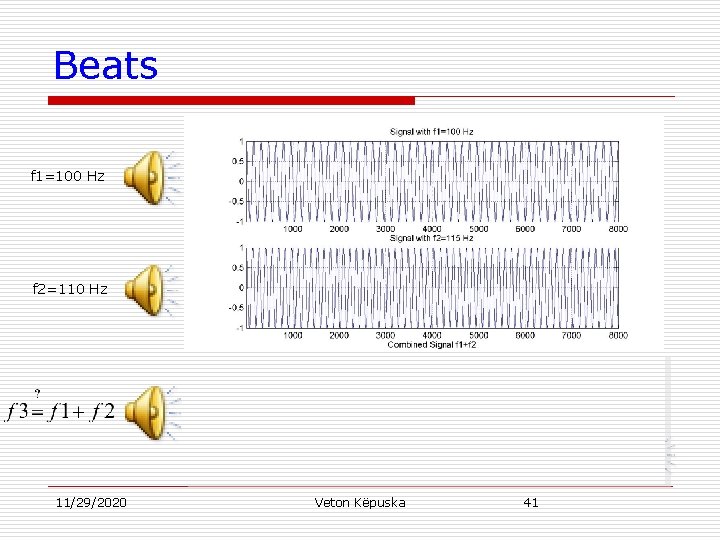 Beats f 1=100 Hz f 2=110 Hz Beat Period Beat Frequency: f 2 -f