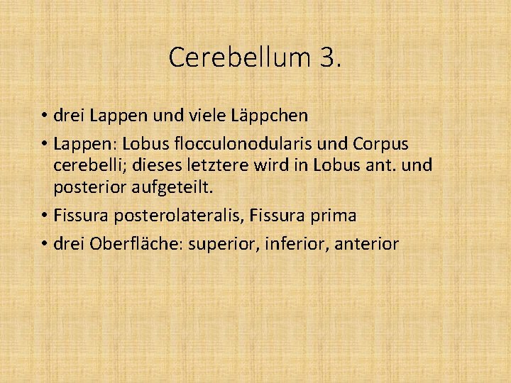 Cerebellum 3. • drei Lappen und viele Läppchen • Lappen: Lobus flocculonodularis und Corpus