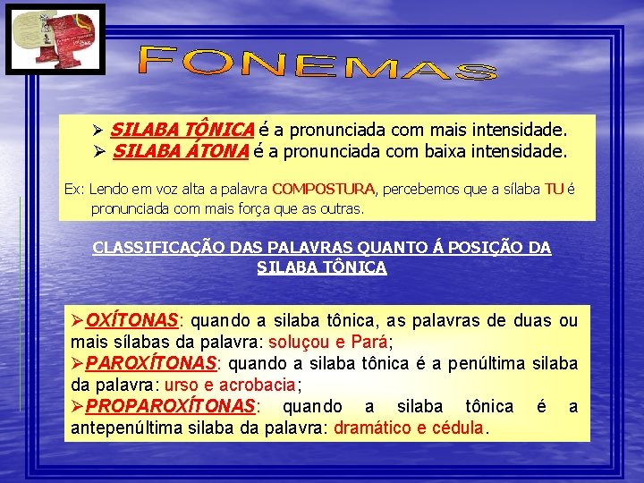 Ø SILABA TÔNICA é a pronunciada com mais intensidade. Ø SILABA ÁTONA é a Ø SILABA TÔNICA é a pronunciada com mais intensidade. Ø SILABA ÁTONA é a