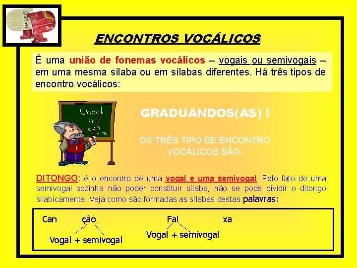 ENCONTROS VOCÁLICOS É uma união de fonemas vocálicos – vogais ou semivogais – em ENCONTROS VOCÁLICOS É uma união de fonemas vocálicos – vogais ou semivogais – em