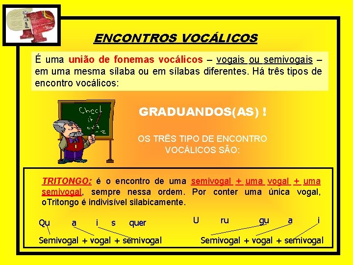 ENCONTROS VOCÁLICOS É uma união de fonemas vocálicos – vogais ou semivogais – em ENCONTROS VOCÁLICOS É uma união de fonemas vocálicos – vogais ou semivogais – em