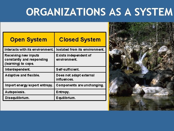 ORGANIZATIONS AS A SYSTEM Open System Closed System Interacts with its environment. Isolated from