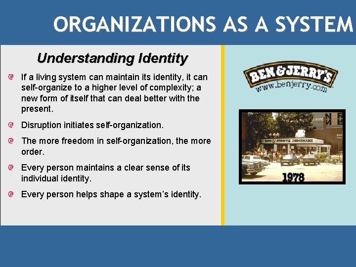 ORGANIZATIONS AS A SYSTEM Understanding Identity If a living system can maintain its identity,