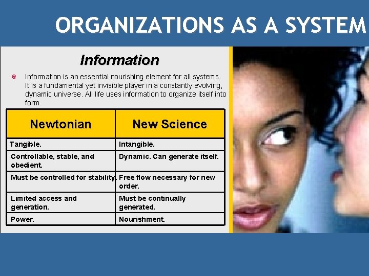 ORGANIZATIONS AS A SYSTEM Information is an essential nourishing element for all systems. It