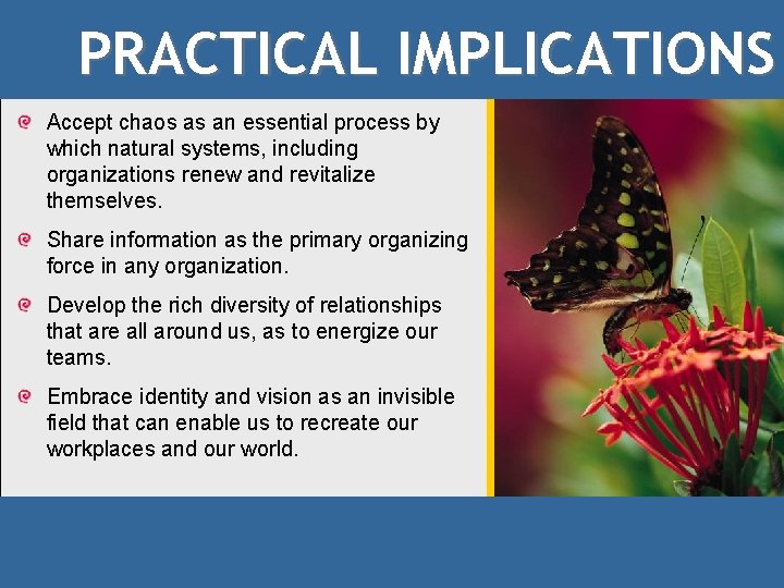 PRACTICAL IMPLICATIONS Accept chaos as an essential process by which natural systems, including organizations
