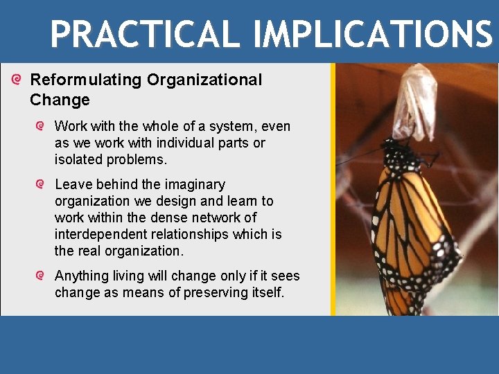 PRACTICAL IMPLICATIONS Reformulating Organizational Change Work with the whole of a system, even as