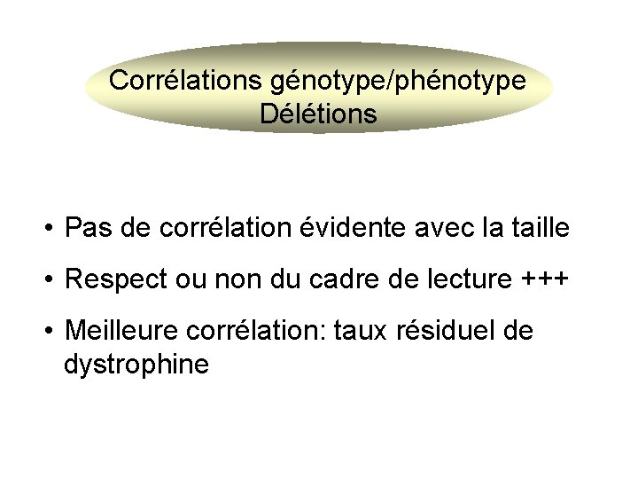 Corrélations génotype/phénotype Délétions • Pas de corrélation évidente avec la taille • Respect ou