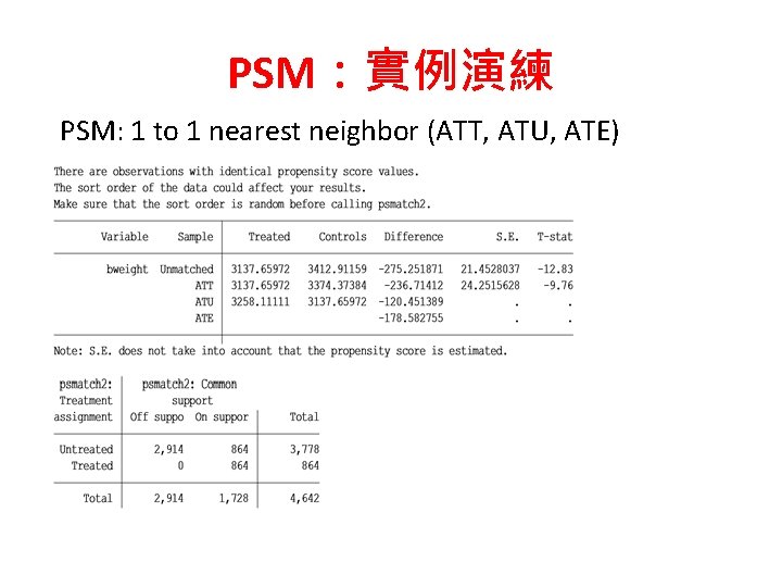 PSM：實例演練 PSM: 1 to 1 nearest neighbor (ATT, ATU, ATE) 