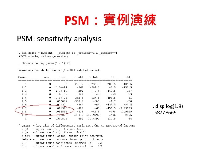 PSM：實例演練 PSM: sensitivity analysis . disp log(1. 8). 58778666 