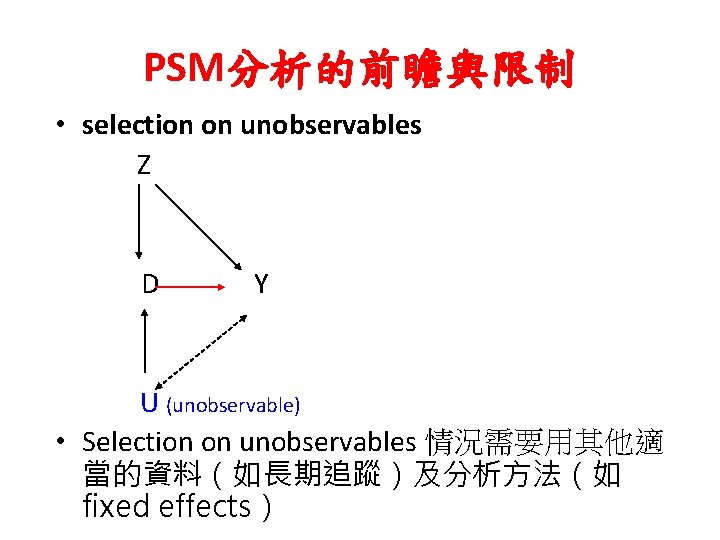 PSM分析的前瞻與限制 • selection on unobservables Z D Y U (unobservable) • Selection on unobservables