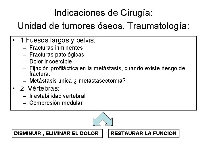 Indicaciones de Cirugía: Unidad de tumores óseos. Traumatología: • 1. huesos largos y pelvis: