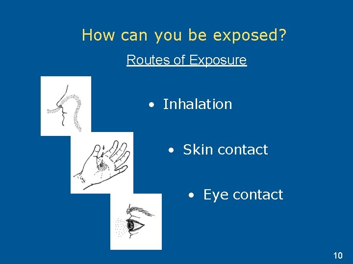 How can you be exposed? Routes of Exposure • Inhalation • Skin contact •