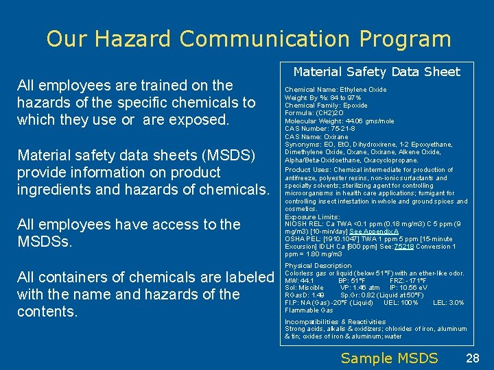 Our Hazard Communication Program All employees are trained on the hazards of the specific