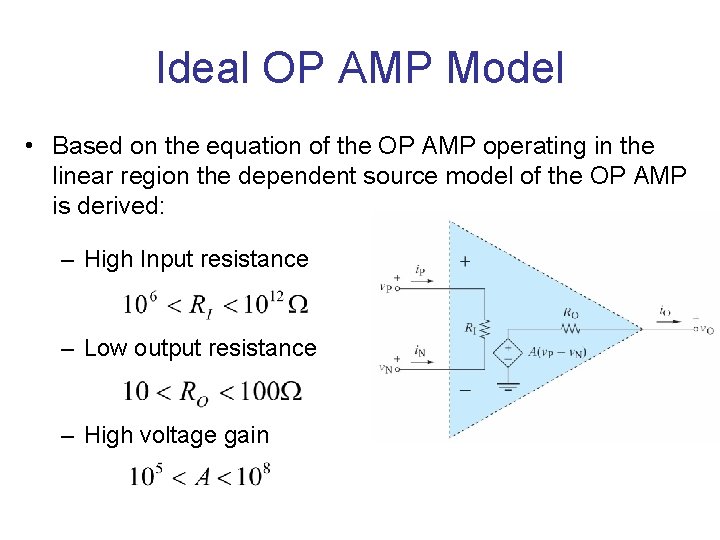 Ideal OP AMP Model • Based on the equation of the OP AMP operating Ideal OP AMP Model • Based on the equation of the OP AMP operating