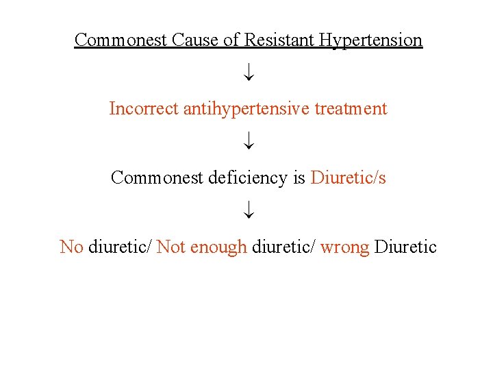 Commonest Cause of Resistant Hypertension Incorrect antihypertensive treatment Commonest deficiency is Diuretic/s No diuretic/ Commonest Cause of Resistant Hypertension Incorrect antihypertensive treatment Commonest deficiency is Diuretic/s No diuretic/