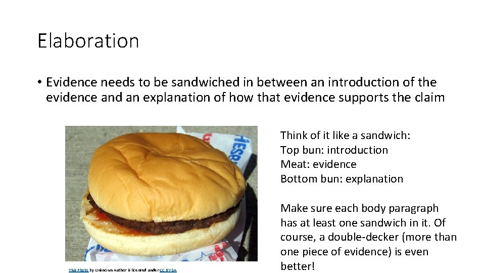 Elaboration • Evidence needs to be sandwiched in between an introduction of the evidence