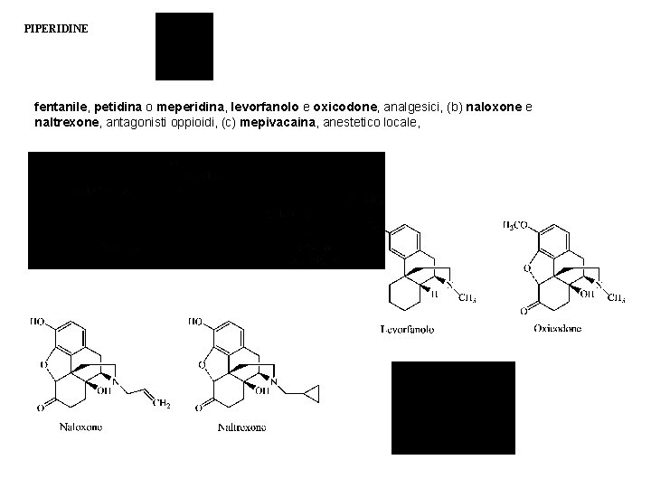 PIPERIDINE fentanile, petidina o meperidina, levorfanolo e oxicodone, analgesici, (b) naloxone e naltrexone, antagonisti