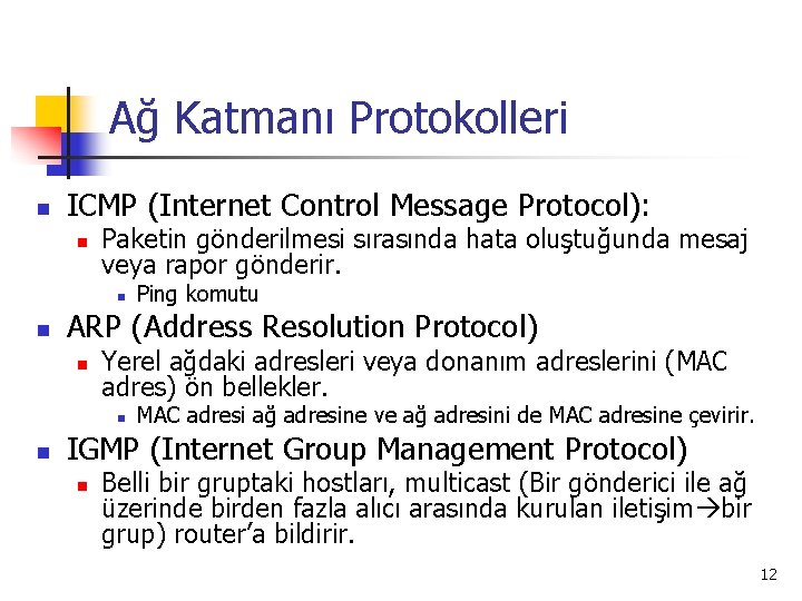 Ağ Katmanı Protokolleri n ICMP (Internet Control Message Protocol): n Paketin gönderilmesi sırasında hata