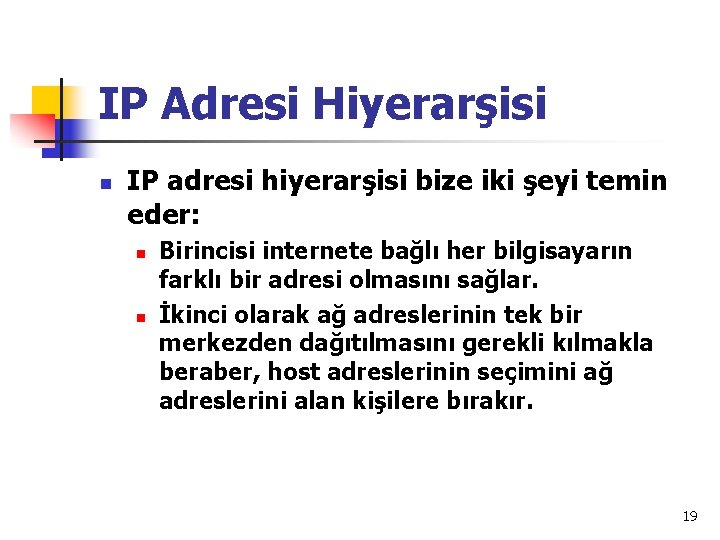 IP Adresi Hiyerarşisi n IP adresi hiyerarşisi bize iki şeyi temin eder: n n