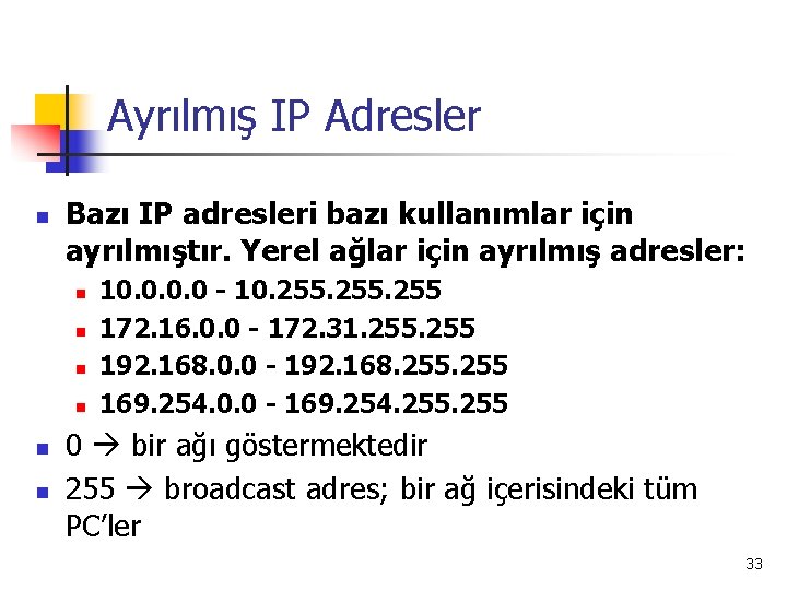 Ayrılmış IP Adresler n Bazı IP adresleri bazı kullanımlar için ayrılmıştır. Yerel ağlar için