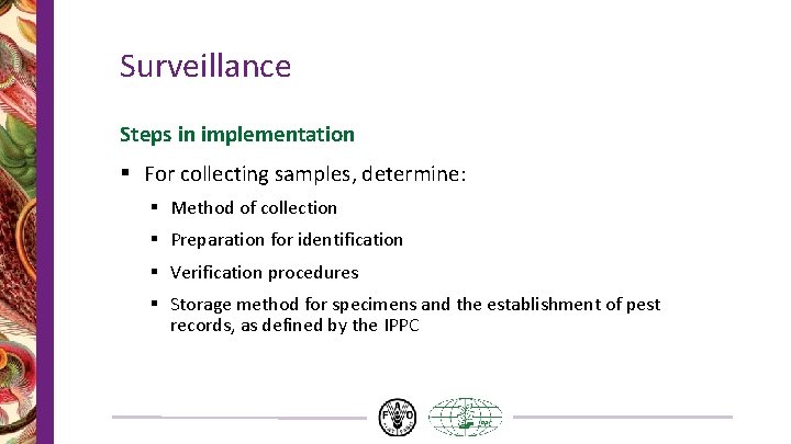 Surveillance Steps in implementation § For collecting samples, determine: § Method of collection § Surveillance Steps in implementation § For collecting samples, determine: § Method of collection §