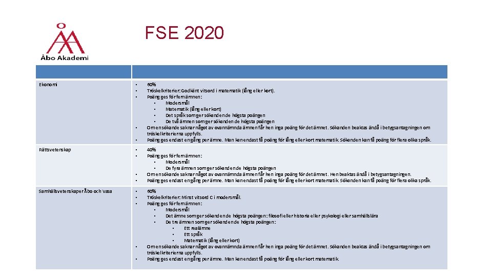 FSE 2020 Ekonomi • • • Rättsvetenskap • • Samhällsvetenskaper Åbo och Vasa •