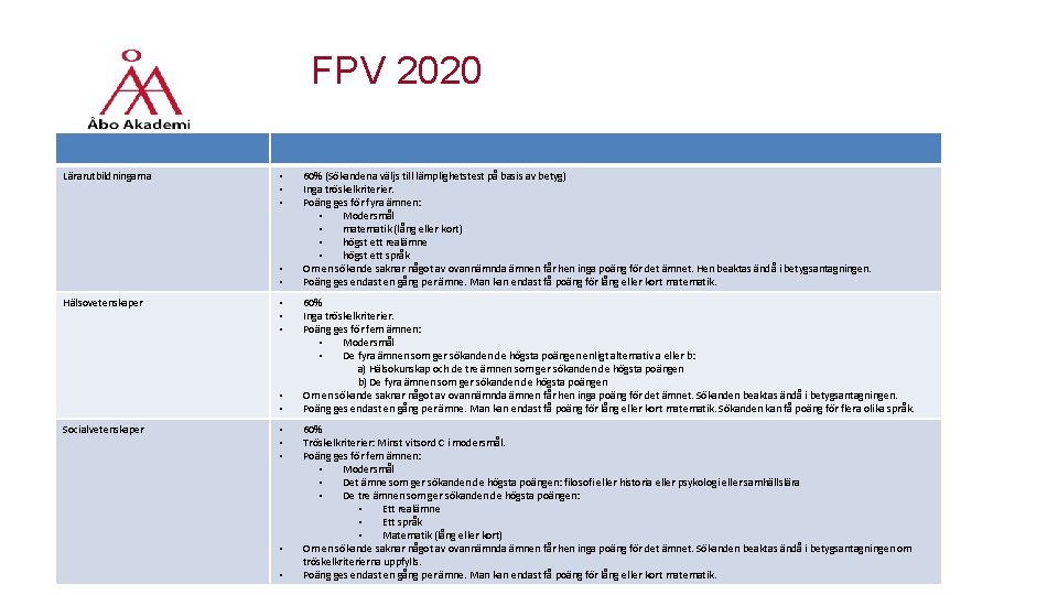 FPV 2020 Lärarutbildningarna • • • Hälsovetenskaper • • • Socialvetenskaper • • •