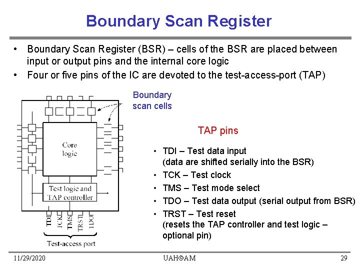 Boundary Scan Register • Boundary Scan Register (BSR) – cells of the BSR are Boundary Scan Register • Boundary Scan Register (BSR) – cells of the BSR are