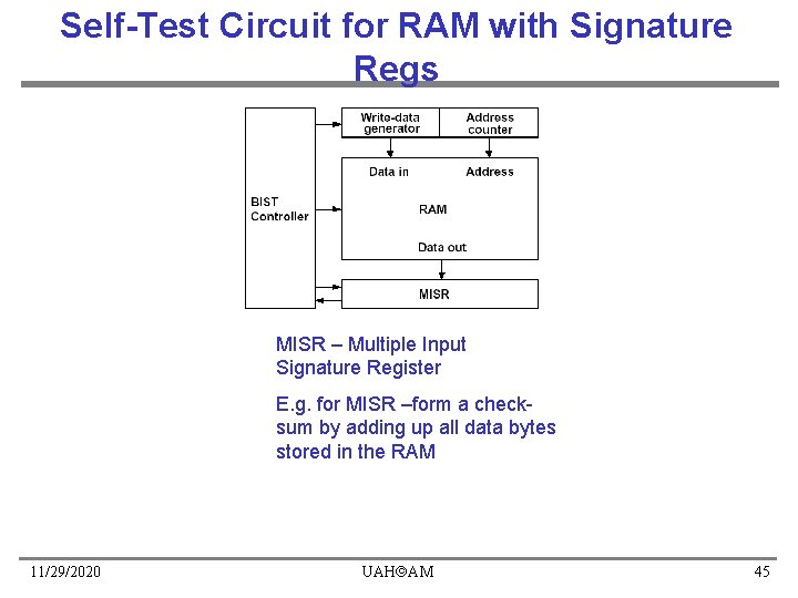 Self-Test Circuit for RAM with Signature Regs MISR – Multiple Input Signature Register E. Self-Test Circuit for RAM with Signature Regs MISR – Multiple Input Signature Register E.