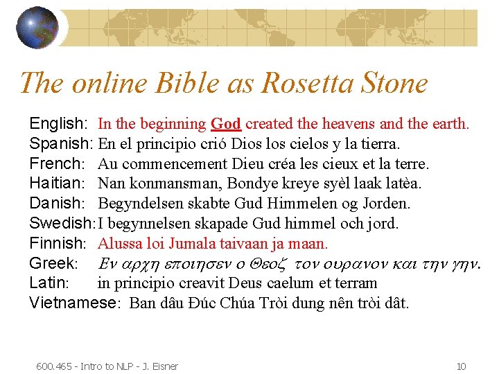 The online Bible as Rosetta Stone English: In the beginning God created the heavens