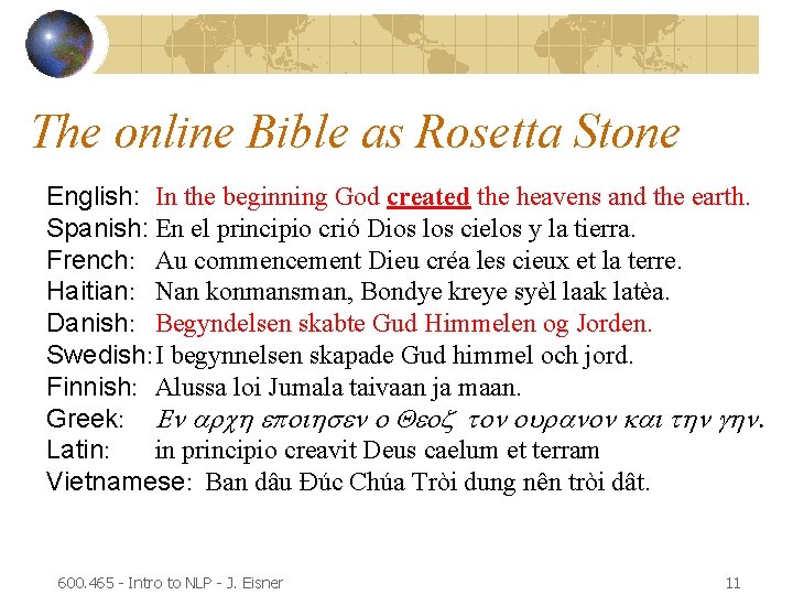 The online Bible as Rosetta Stone English: In the beginning God created the heavens
