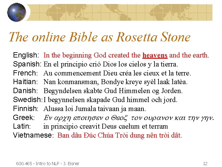 The online Bible as Rosetta Stone English: In the beginning God created the heavens