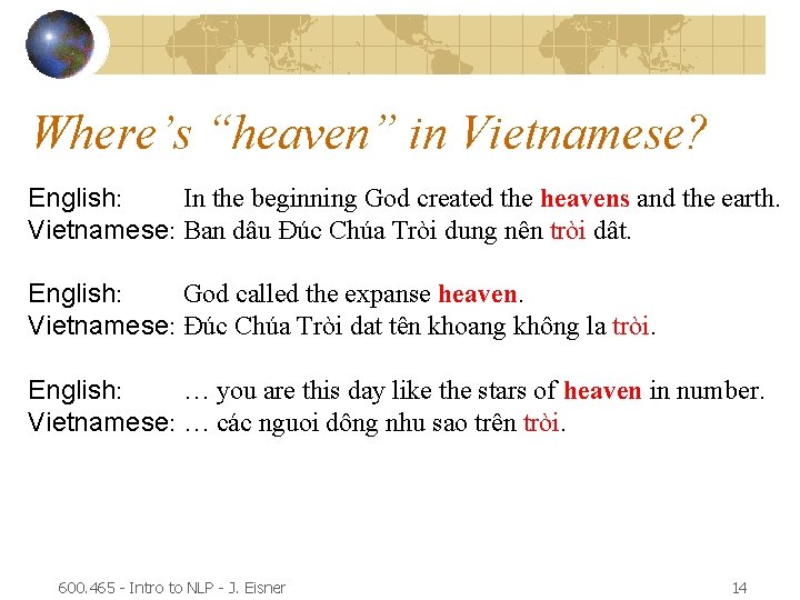 Where’s “heaven” in Vietnamese? English: In the beginning God created the heavens and the
