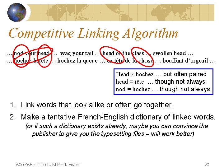 Competitive Linking Algorithm … nod your head … wag your tail … head of