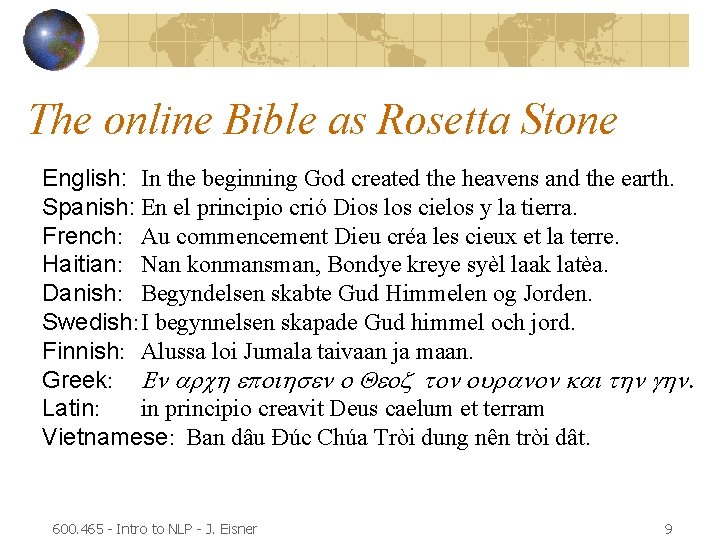 The online Bible as Rosetta Stone English: In the beginning God created the heavens