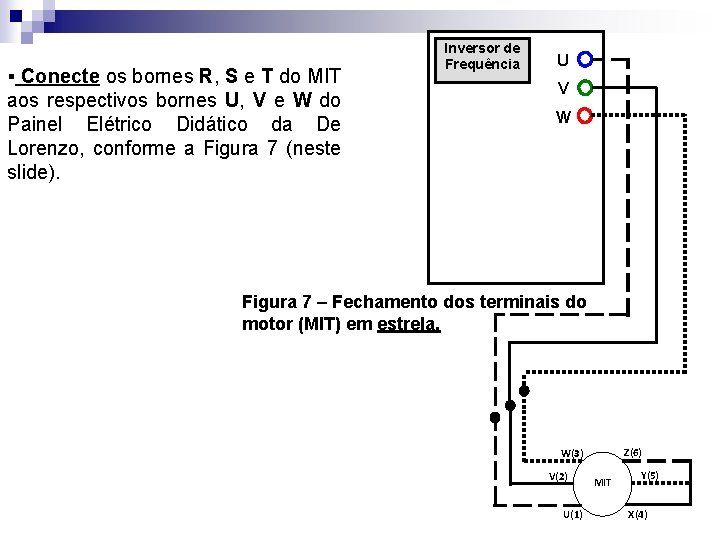 § Conecte os bornes R, S e T do MIT aos respectivos bornes U,