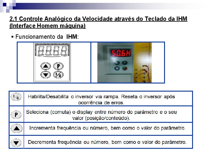 2. 1 Controle Analógico da Velocidade através do Teclado da IHM (Interface Homem máquina)