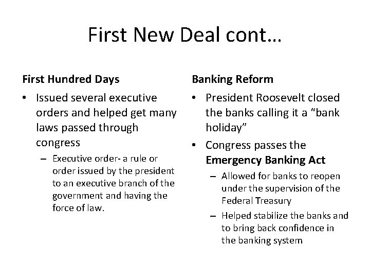 First New Deal cont… First Hundred Days Banking Reform • Issued several executive •