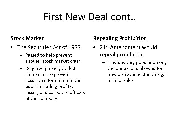 First New Deal cont. . Stock Market Repealing Prohibition • The Securities Act of