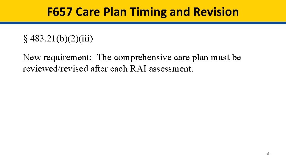 F 657 Care Plan Timing and Revision § 483. 21(b)(2)(iii) New requirement: The comprehensive F 657 Care Plan Timing and Revision § 483. 21(b)(2)(iii) New requirement: The comprehensive