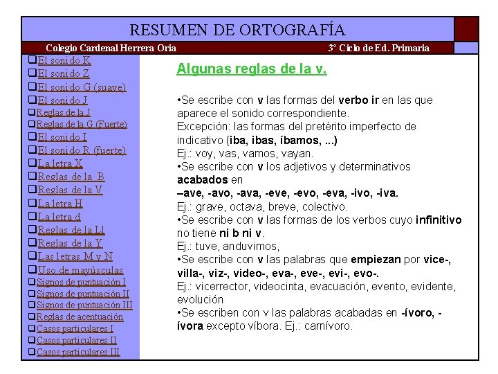 RESUMEN DE ORTOGRAFÍA Colegio Cardenal Herrera Oria q. El sonido K q. El sonido RESUMEN DE ORTOGRAFÍA Colegio Cardenal Herrera Oria q. El sonido K q. El sonido