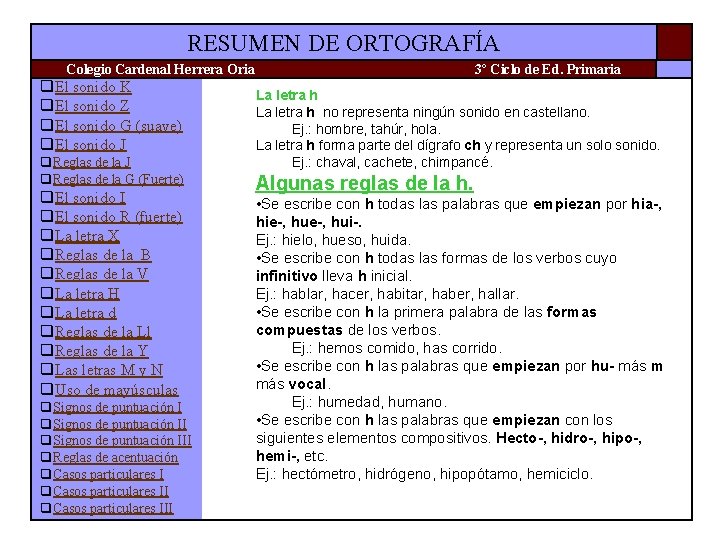 RESUMEN DE ORTOGRAFÍA Colegio Cardenal Herrera Oria q. El sonido K q. El sonido RESUMEN DE ORTOGRAFÍA Colegio Cardenal Herrera Oria q. El sonido K q. El sonido